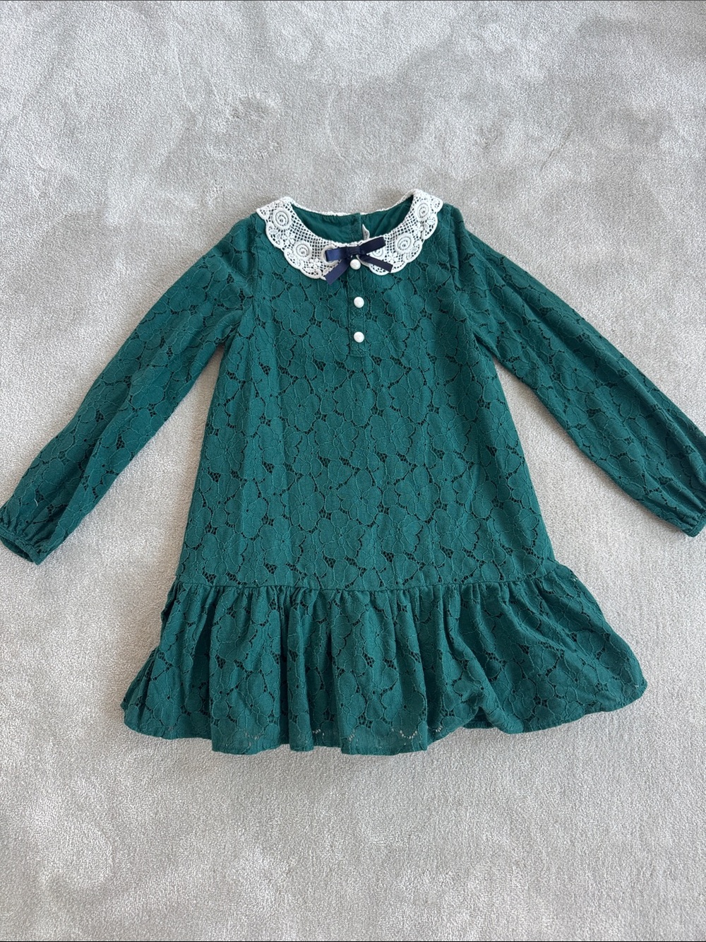 Janie and Jack Emerald Lace Dress with White Lace Collar and Navy Bow, size 7